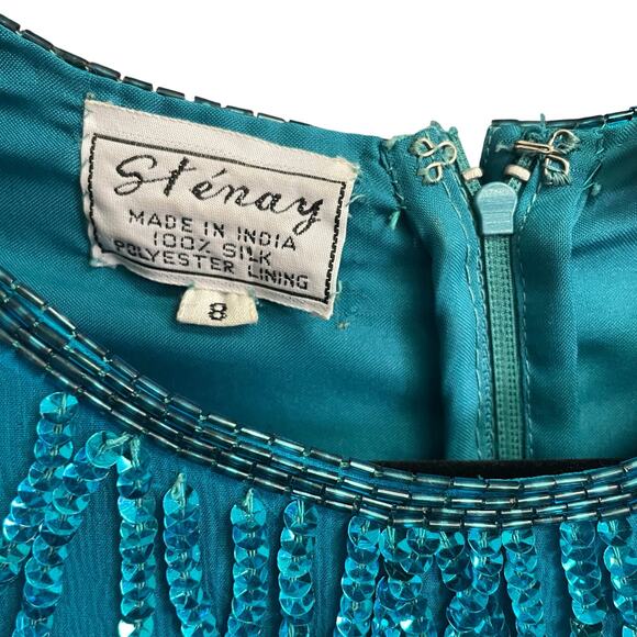 Vintage Stenay 100% Silk Aqua Full Sequin Cocktail Dress Beaded Neck Womens 8 - Picture 4 of 6
